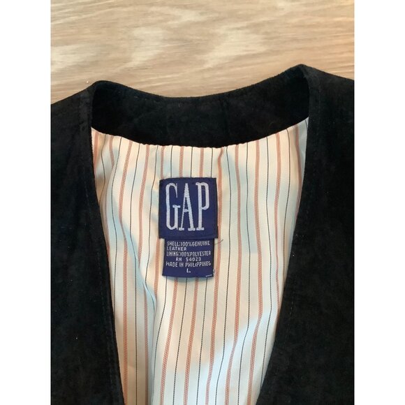 Vintage Gap Black Genuine Suede Leather Button Down Cinch Waist Vest Mens Size L - Picture 2 of 2